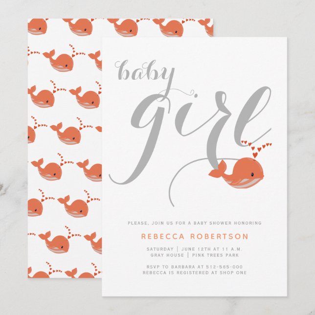 Cute coral whale typography baby girl shower invitation (Front/Back)