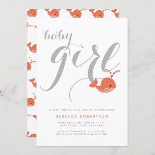 Cute coral whale typography baby girl shower invitation