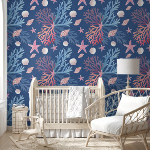 Cute Corals Seashells Oysters In Ocean Dusky Blue Wallpaper