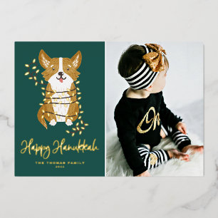 Cute Corgi and String Lights Photo Happy Hanukkah Foil Holiday Card