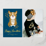 Cute Corgi and String Lights Photo Happy Hanukkah  Foil Holiday Card<br><div class="desc">Happy Hanukkah! Send your festive greetings with this customizable gold foil Hanukkah photo flat card. It features an adorable corgi wrapped in string lights. Personalize by adding a photo,  names,  year and other details. This cute corgi photo Hanukkah flat card is available in other foil colours.</div>