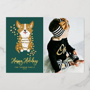 Cute Corgi and String Lights Photo Happy Holidays Foil Holiday Card