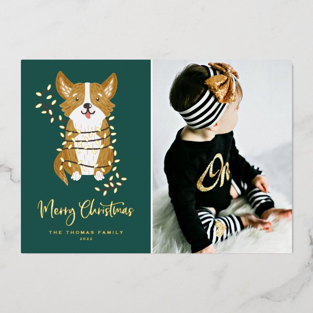 Cute Corgi and String Lights Photo Merry Christmas Foil Holiday Card (Front)