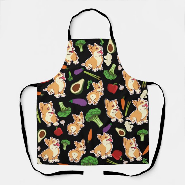 Cute Corgi and Vegetables Food Pattern  Black Apron (Front)