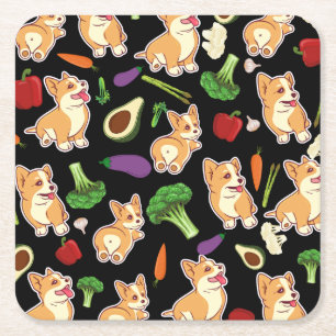Cute Corgi and Vegetables Food Pattern Black Square Paper Coaster