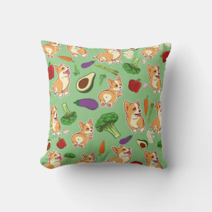 Cute Corgi and Vegetables Food Pattern Green Throw Pillow