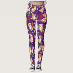 Cute Corgi and Vegetables Food Pattern  Purple Leggings
