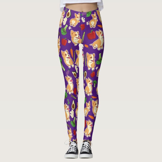 Cute Corgi and Vegetables Food Pattern  Purple Leggings (Front)