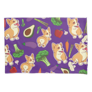 Cute Corgi and Vegetables Food Pattern Purple Pillowcase