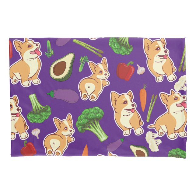 Cute Corgi and Vegetables Food Pattern  Purple   Pillowcase (Front)