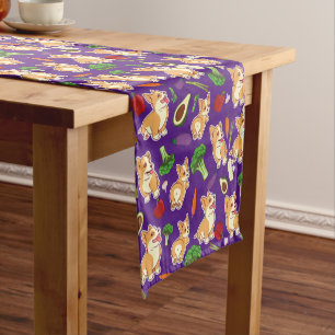 Cute Corgi and Vegetables Food Pattern  Purple   Short Table Runner