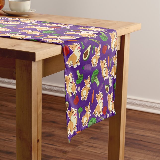 Cute Corgi and Vegetables Food Pattern  Purple   Short Table Runner (In Situ)