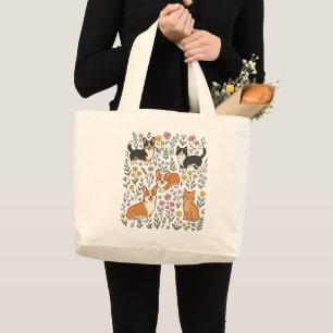 Cute Corgi Cat Wildflower Large Tote Bag