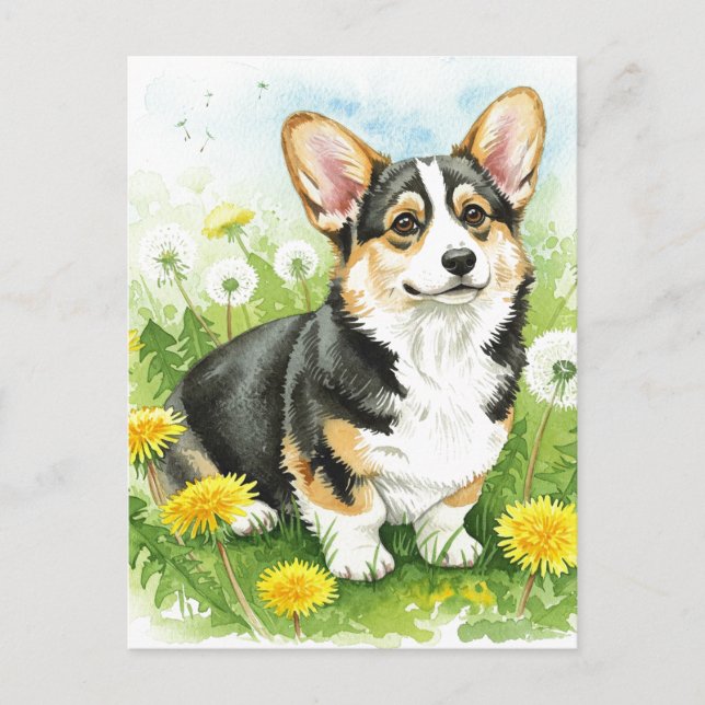 Cute Corgi Dandelions Spring Postcard (Front)