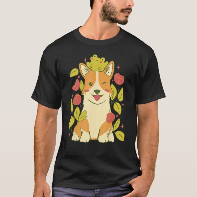 Cute Corgi Dog And Frog 1 T-Shirt (Front)