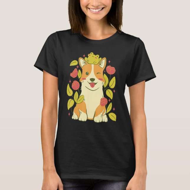 Cute Corgi Dog And Frog T-Shirt (Front)
