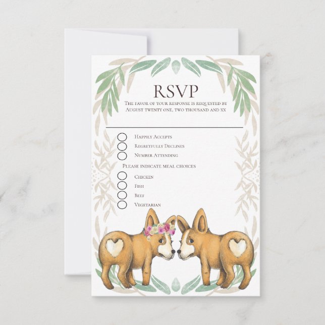 Cute Corgi Dog Bride and Groom Wedding RSVP Card (Front)