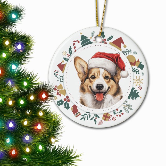Cute Corgi Dog Christmas Images Wreath Ceramic Ornament (Creator Uploaded)