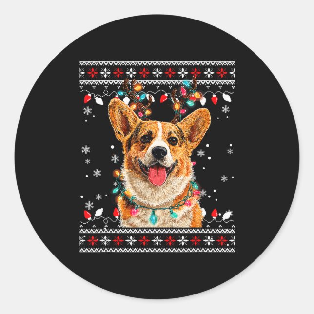 Cute Corgi Dog Christmas Reindeer Santa Hat  Classic Round Sticker (Front)