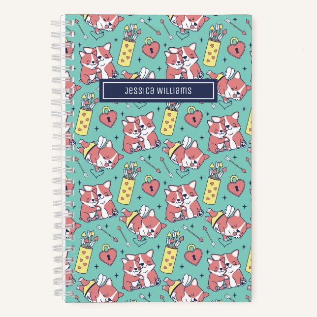 Cute Corgi Dog Cupid Bow and Arrow Heart Pattern Notebook (Front)