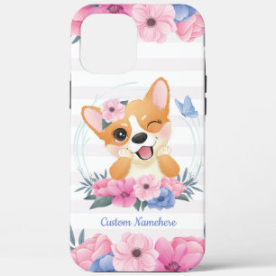 Cute Corgi Dog Flower Wreath Blue Butterfly Custom iPhone 12 Pro Max Case