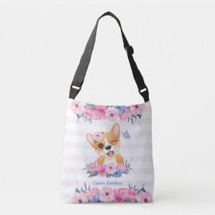 Cute Corgi Dog Flower Wreath Blue Butterfly Custom Crossbody Bag