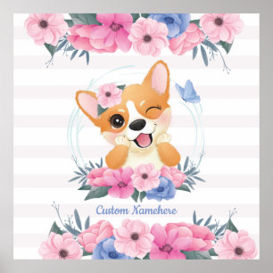 Cute Corgi Dog Flower Wreath Blue Butterfly Custom Poster