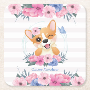 Cute Corgi Dog Flower Wreath Blue Butterfly Custom Square Paper Coaster