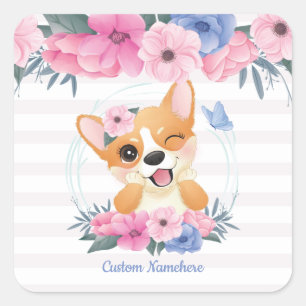 Cute Corgi Dog Flower Wreath Blue Butterfly Custom Square Sticker