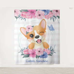 Cute Corgi Dog Flower Wreath Blue Butterfly Custom Tapestry