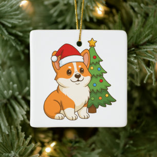 Cute Corgi Dog in a Red Hat with Christmas Tree Ceramic Ornament