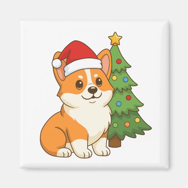 Cute Corgi Dog in a Red Hat with Christmas Tree Magnet (Front)