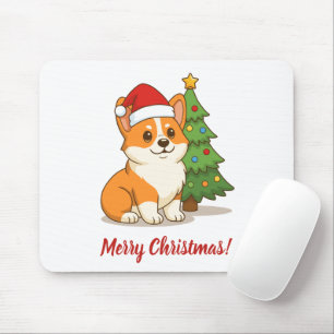 Cute Corgi Dog in a Red Hat with Christmas Tree Mouse Pad