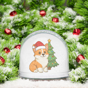 Cute Corgi Dog in a Red Hat with Christmas Tree Snowglobe
