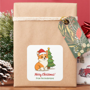 Cute Corgi Dog in a Red Hat with Christmas Tree Square Sticker