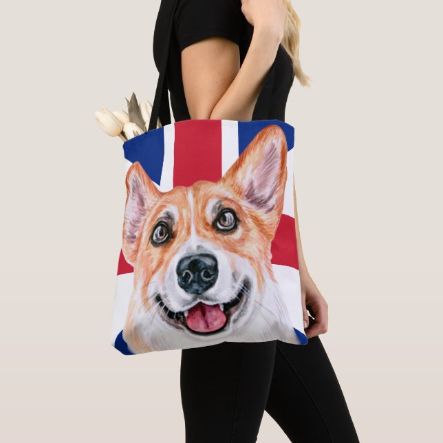 Cute Corgi Dog On Union Jack British Flag Tote Bag (Close Up)