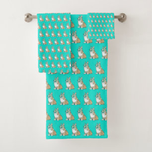 Cute Corgi dog pattern on Turquoise Background Bath Towel Set