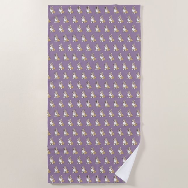 Cute Corgi dog pattern on Violet background Beach Towel (Front)