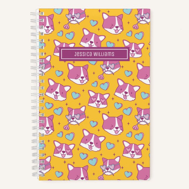 Cute Corgi Dog Pattern Retro Colour Heart Yellow Notebook (Front)