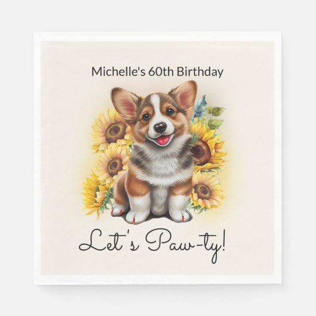 Cute Corgi Dog Sunflowers 60th Birthday Napkin (Front)