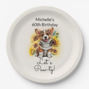 Cute Corgi Dog Sunflowers 60th Birthday Paper Plate