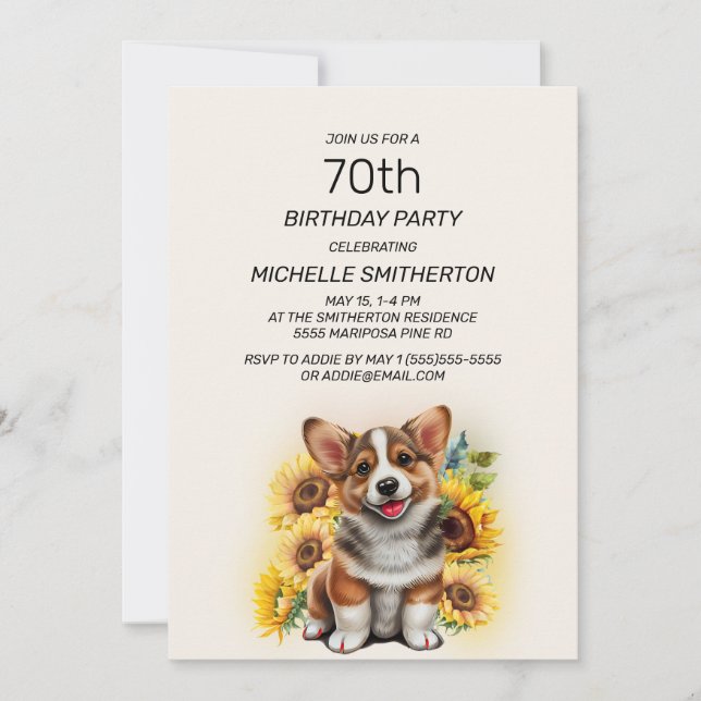 Cute Corgi Dog Sunflowers 70th Birthday Invitation (Front)