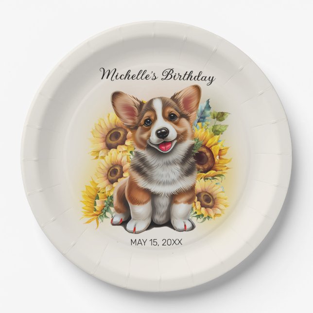 Cute Corgi Dog Sunflowers Birthday Paper Plate (Front)