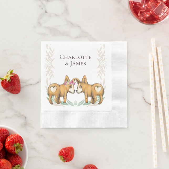 Cute Corgi Dog Wedding Couple Personalized Napkin (Insitu)