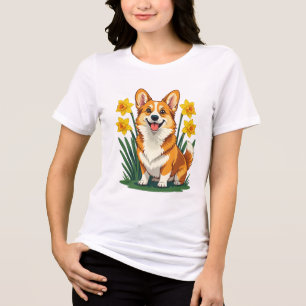 Cute Corgi Dog With Daffodils Tri-Blend Shirt
