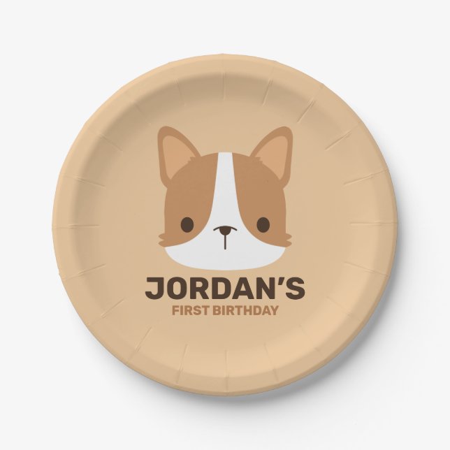Cute Corgi Dog with Personalized Name Paper Plate (Front)