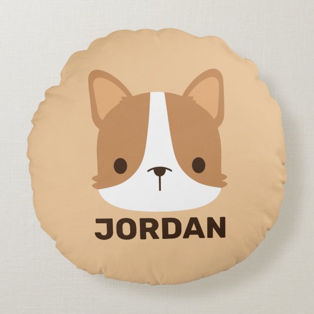 Cute Corgi Dog with Personalized Name Round Pillow (Front)
