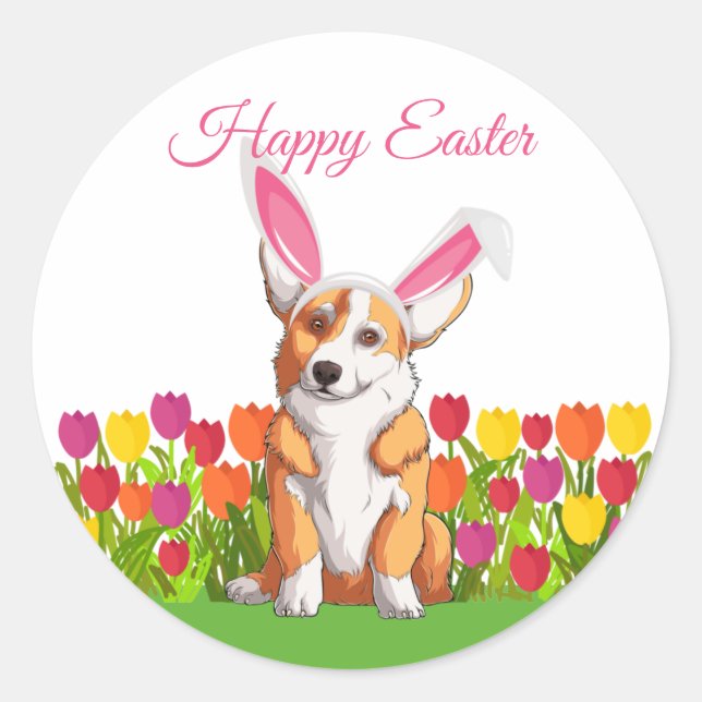 Cute Corgi Easter Bunny Party Classic Round Sticker (Front)