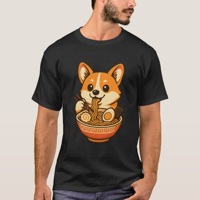 Cute Corgi Eating Ramen ,Kawaii Dog T-Shirt Design (Devant)