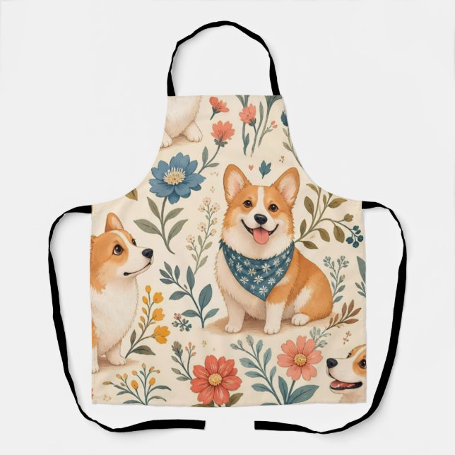 Cute Corgi Floral Garden Pattern Apron (Front)